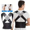 Person wearing a black posture corrector with 'before' and 'after' comparisons on a white background