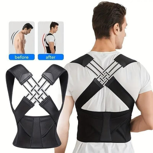 Person wearing a black posture corrector with 'before' and 'after' comparisons on a white background