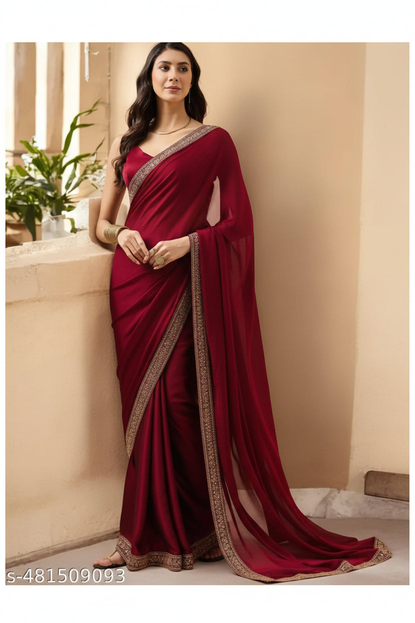 Women's Best Selling Maroon Silk Saree with Embroidery Work Lace Border